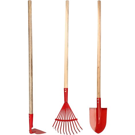 KOTARBAU Lot de 3 outils de jardinage composés d'un râteau, d'une bêche, d'un crochet, d'un jouet pour enfants.