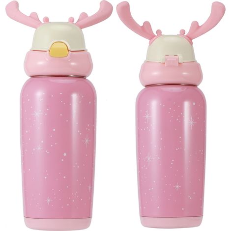 Niedliche, tragbare Thermosflasche aus Edelstahl mit Strohhalm für Kinder, 500 ml, Rosa (1/5)
