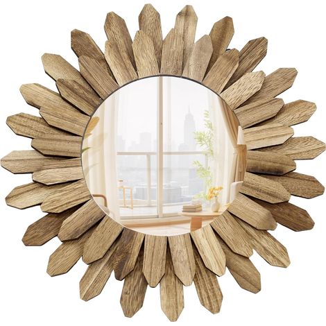 Miroir mural bohème, 30 cm de diamètre, design rustique Sunburst, marron, miroir mural décoratif avec aspect bois pour salon, chambre à coucher, couloir, style bohème et décoration murale (1/5)
