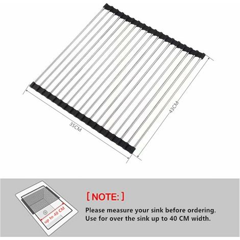Egouttoir Vaisselle INOX Noir Cuisine Séchoir à Rouleaux Repliable et Amovible en Acier Inoxydable pour Évier 43CM35CM (1/4)