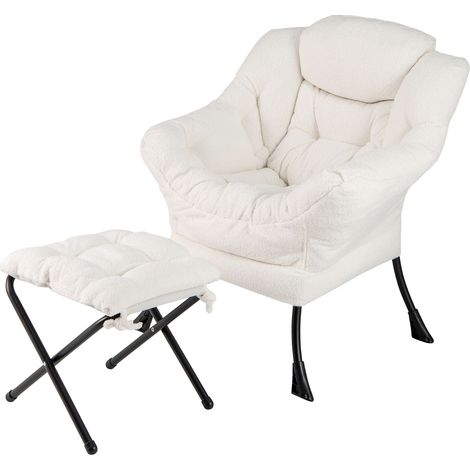 COSTWAY Lazy Chair Modern Accent Chair with Ottoman & Folding Footrest-Beige (1/5)