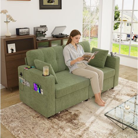 2-Sitzer Sofa 172x75x82 cm olivgrün Chenille mit Schubladen, USB-Anschlüssen, Getränkehaltern und Seitentaschen (1/5)