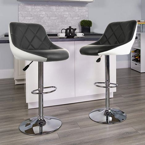 ® Tabouret de bar 2, chaise de cuisine moderne, avec dossier repose-pieds sans accoudoir en similicuir chromé design pivotant réglable en hauteur, noir-blanc (1/5)