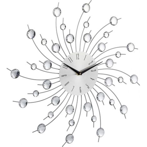 Horloge Murale Moderne Soleil Strass Diamant Perles Cuisine Salon Silencieuse 33 cm Argent (1/4)