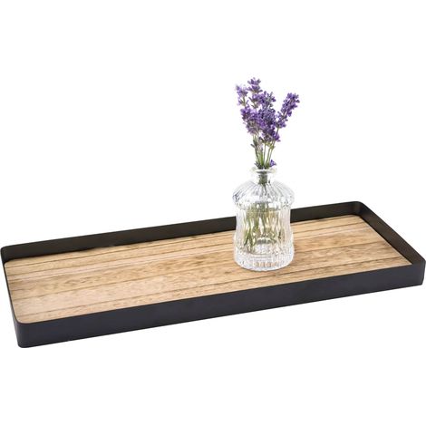 Kerzentablett mit Metall Rahmen und Holz Boden 45 cm x 18 cm - schwarz - Dekotablett schwarz natur rechteckig mit Rand
