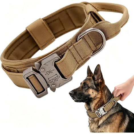 Collier Chien Tactique, avec poignée de Commande et Collier pour Chien à Boucle en métal,Réglable Nylon Chien Rembourré pour Chiens de Taille Moyenne Grand Entraînement(M, Kaki) (1/5)
