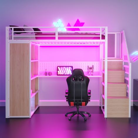 Lit Mezzanine-enfants-ados-bureau intégré-rangement escalier-LED USB-bois massif blanc-205x193,5x170cm-Sans Matelas (1/5)