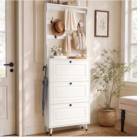 Perchero de entrada con zapatero de 3 puertas abatibles, blanco, 66 x 17 x 180 cm (1/5)