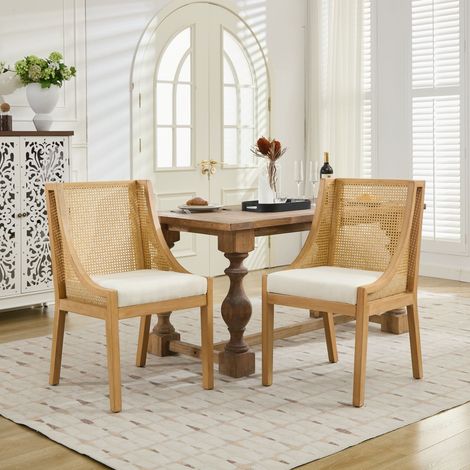 Chaise de salle à manger 1 pièce, avec accoudoirs, bois massif naturel, dossier en rotin synthétique, assise rembourrée en lin beige, style rustique (1/5)