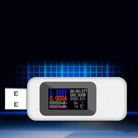Multifunktions-Strom-, Spannungs- und Batteriekapazitätsmessgerät mit LCD-Display und USB-Anschluss, weiß