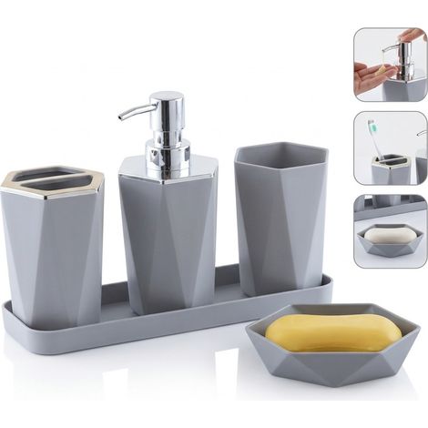 Set de salle de bain 5 pièces, couleur blanc, comprenant distributeur de savon, gobelets, porte-savon et plateau, design moderne et épuré, matériau résistant, ensemble complet pour votre salle de bain (1/5)