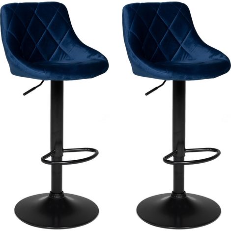 Happy Garden – Lot de 2 tabourets de bar en velours bleu – Hauteur réglable 59 à 81cm – Assise pivotante 360° – Pied en métal noir moderne (1/5)