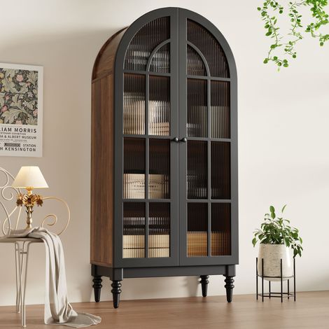 Vetrina con ante in vetro, mobile contenitore per cucina/soggiorno, 76x35,5x165 cm, MDF nero (1/5)