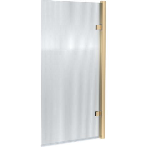 Contemporary 8mm Toughened Safety Glass Square Hinged Fluted Bath Screen - 1520 x 830 x 24mm - Brushed Brass
