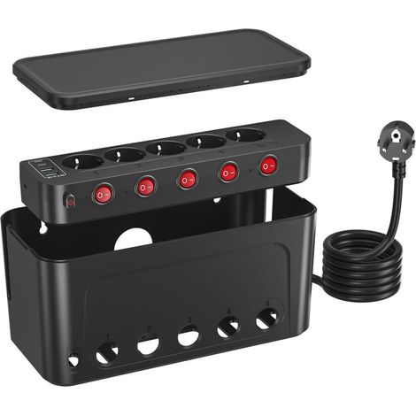 Boîte De Rangement Pour Câbles - Multiprise USB 5 Prises Schuko Avec Interrupteurs Individuels - Parafoudre Intégré - 1 5 M - Noir (1/5)