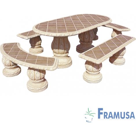 CONJUNTO COMEDOR PIEDRA OVALADO JARDIN HIGUERA  TOSTADO CON AZULEJOS OCRE