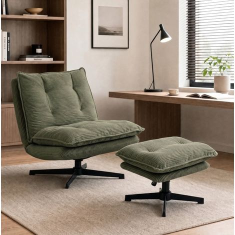 MODFU – Sedia da ufficio lounge girevole con poggiapiedi in tessuto a coste, schienale imbottito 82x44 cm, seduta 74x45 cm, rotazione 360°, poggiapiedi regolabile e portata 120 kg – Verde (1/5)