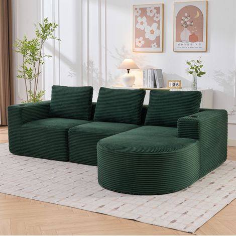 Canapé 2 plazas de poliéster tapizado verde retro con 3 cojines y portavasos dobles