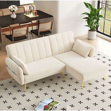 Divano letto angolare 191.5x130.5x80 cm beige in velluto con chaise longue reversibile e schienale reclinabile (1/5)