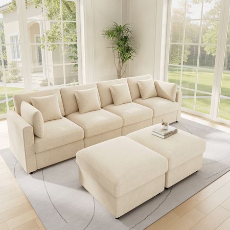 Canapé modulaire U/L beige en chenille. Accoudoirs réglables,fourni avec 2 tabourets,coussins et appuie-têtes.