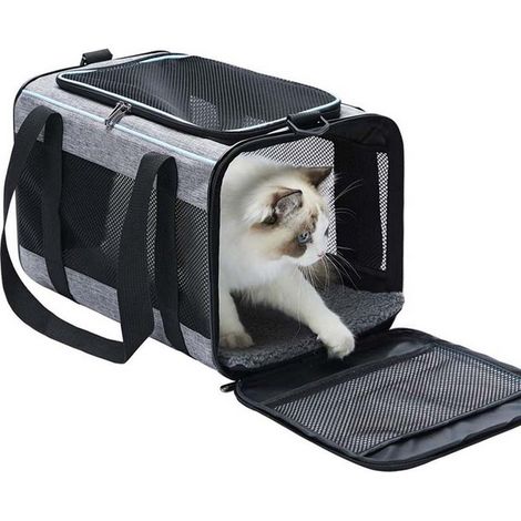 1 sac de transport souple pour chats, dimensions 44,5 x 28 x 28 cm, fond amovible et coussin polaire, ventilation par filet, poignées + bandoulière réglable (1/4)