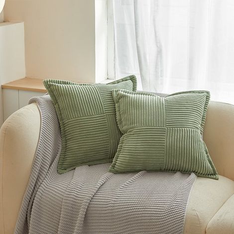 2 cuscini decorativi in velluto a coste verde satinato da 45x45 cm, fodere per cuscini quadrati di lusso con motivo a righe per letto e divano (1/5)