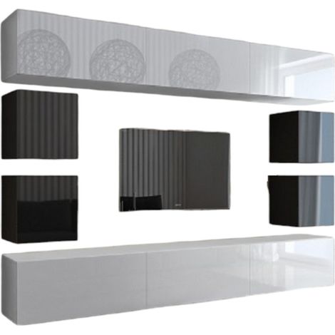 Set di mobili da soggiorno bianco e nero sospesi collezione CEPTO XVII 249 cm, 10 mobili, LED, modulari