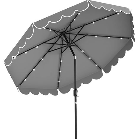 GOPLUS 3M Parasol de Balcon avec 24 Lumières, Grand Parasol de Jardin Exterieur avec Manivelle, Structure à 8 Nervures, Tige Métallique, pour Patio Terrasse, Base Non Incluse (Gris) (1/5)