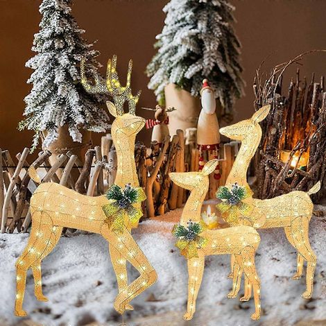 Décorations de Noël - Lot de 3 guirlandes lumineuses représentant une famille de rennes, avec lumières LED blanc chaud et prise murale pour jardin ou cour. (1/5)