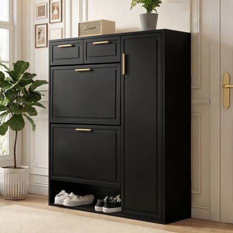 Meuble à chaussures moderne avec étagères réglables, poignées dorées, tiroirs, compartiment à chaussures rabattable et portes, noir, L 95/P 24/H 107