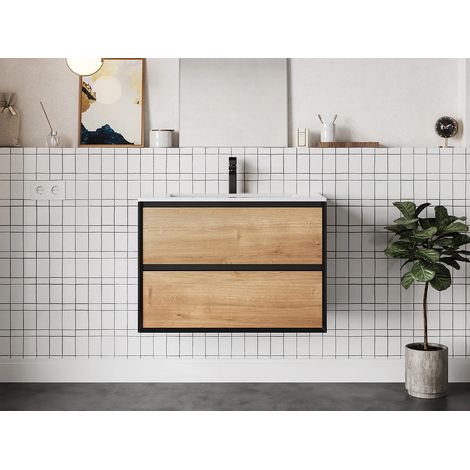 Mobile Lavabo sospeso 80 cm con lavabo a incasso Naturale Chiaro e Nero - LANNICK (1/5)