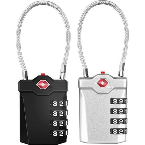 Kofferschloss, 4-stelliges TSA-Zahlenschloss mit Öffnungsalarm, Reisegepäckschloss mit flexiblem Kabel (2er-Pack, schwarz und silber) (1/3)