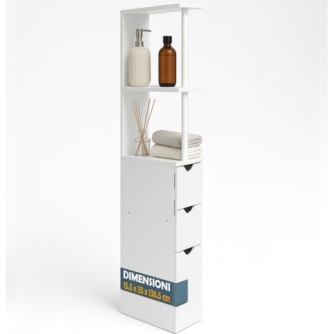 Mobile Bagno Alto Salvaspazio in Legno con 3 Cassetti e 2 Ripiani 33x15x136cm