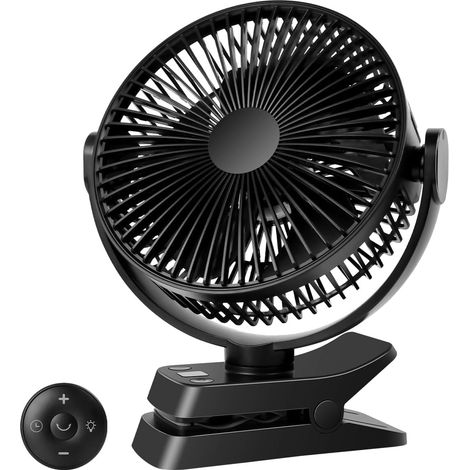 Ventilateur de table de camping - 21 cm - 12000 mAh - Rechargeable - USB - Avec lumière LED et crochet - Rotation à 360° - Silencieux - Avec télécommande - Pour poussette, bureau (1/5)