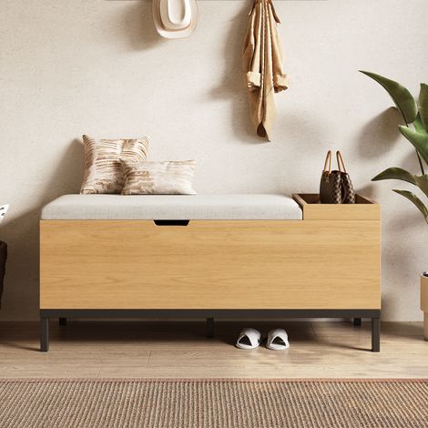 Banc à chaussures, banc de rangement, meuble de rangement pour chaise, coffre de rangement pliable et repose-pieds. Couleur bois naturel. 115 × 49,5 × 40 cm (1/5)