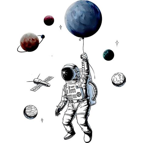 Décoration murale astronaute, stickers muraux amovibles, fresque murale « Le vagabond cosmique » pour salon, chambre, crèche, dortoir. (1/5)