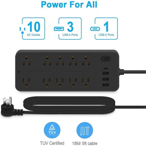 Multiprise parafoudre 14 en 1 avec ports USB, cordon de 1,2 m et protection multifonctionnelle contre la foudre