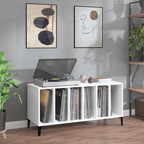 Meuble à vinyles blanc avec pieds en métal, bois d’ingénierie, 100 x 38 x 48 cm - PANGIVO (1/5)