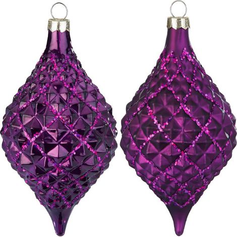 PALLINA DI NATALE IN VETRO LUNGA BUGNATA VIOLA CON GLITTER OPACO/LUCIDO CAD UNO