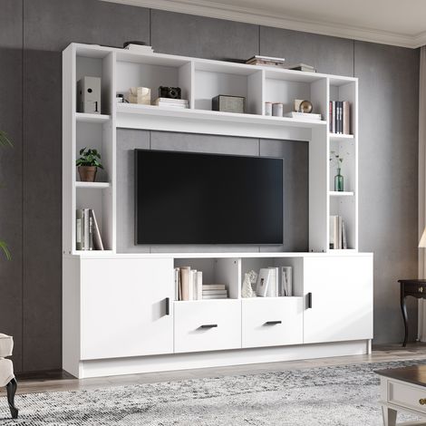 Pour un salon bien rangé, ensemble meuble TV mural blanc avec 2 armoires, 2 tiroirs et 11 niches (1/5)