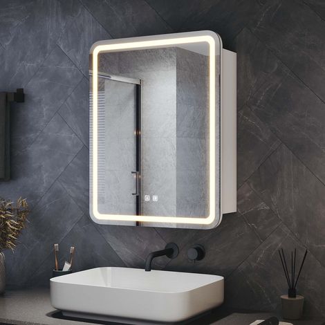 SIRHONA Armoire murale de salle de bain LED pour Salle de Bain avec Boîte à Mouchoirs, Température de Couleur Tri-Phases, Beige Urbain, 550x700x150mm (1/5)