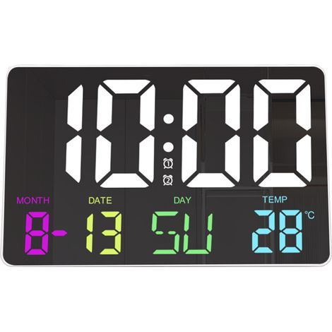 Digitale Wanduhr mit Fernbedienung, RGB-Farben, einstellbarer Helligkeit (5 Geschwindigkeiten), LED-Kalender und Temperaturanzeige, großer digitaler Wecker für Schlafzimmer, DC 5V, Weiß (1/5)