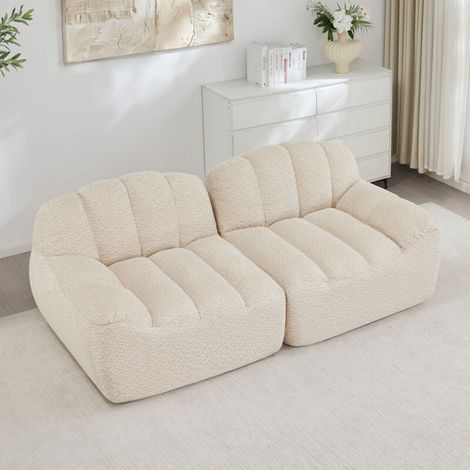 Canapé modulaire 2 places, canapé sans cadre, forme de coque, coussins d'assise profonds, aucun assemblage requis, velours, Beige et Blanc (1/5)