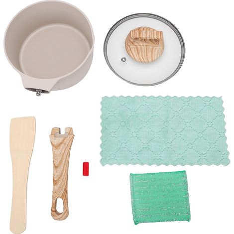 Casserole antiadhésive de 16 cm en pierre Maifan avec couvercle en verre et poignée en bois, compatible avec les plaques à induction et les cuisinières à gaz. (1/5)
