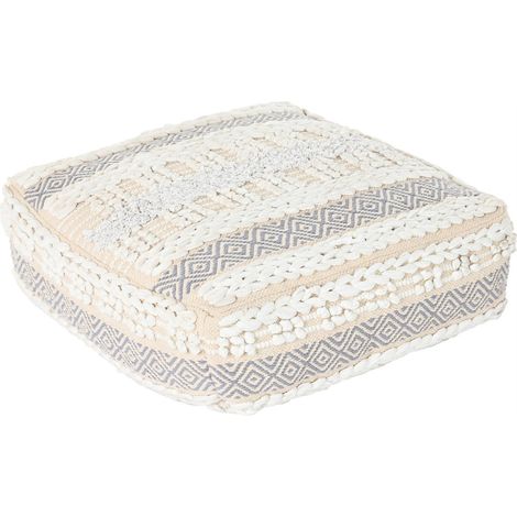 Pouf coton tissé gris blanc confort style salon - Beige et motifs géométriques bleu gris (1/4)