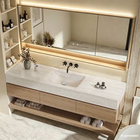 Wandhängendes Badmöbel-Set mit Sinterstein-Waschbecken, Waschtischunterschrank, Spiegelschrank, moderner Bad-Waschtisch 120cm (1/5)