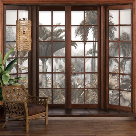 Papier peint panoramique Trompe l'oeil Fenêtre en bois - Forêt Tropicale - 130 cm x 104 cm (1/5)