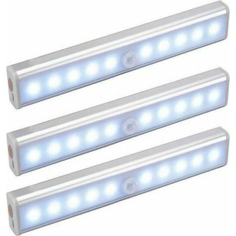 Lot de 3 Lampes 10 LED, Sans Fil, Rechargeable par USB, Aimanté, Détecteur de Mouvement, Portable. Lumière de Placard, Baladeuse de Secours, Veilleuse Enfant, Appoint (1/5)