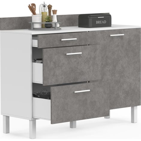 120 cm aparador bajo cocina CINA encimera cacerola H.83 cm 1 puerta + 3 cajones blanco y efecto hormigón