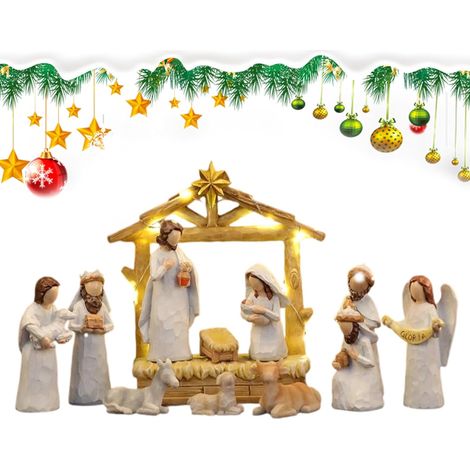 Crèche De Noël,Statue de la Sainte Famille Scène de Nativité Jésus 12 Pièces Décoration De Mangeoire pour Table Étagère Salon Chambre Ferme École (1/5)